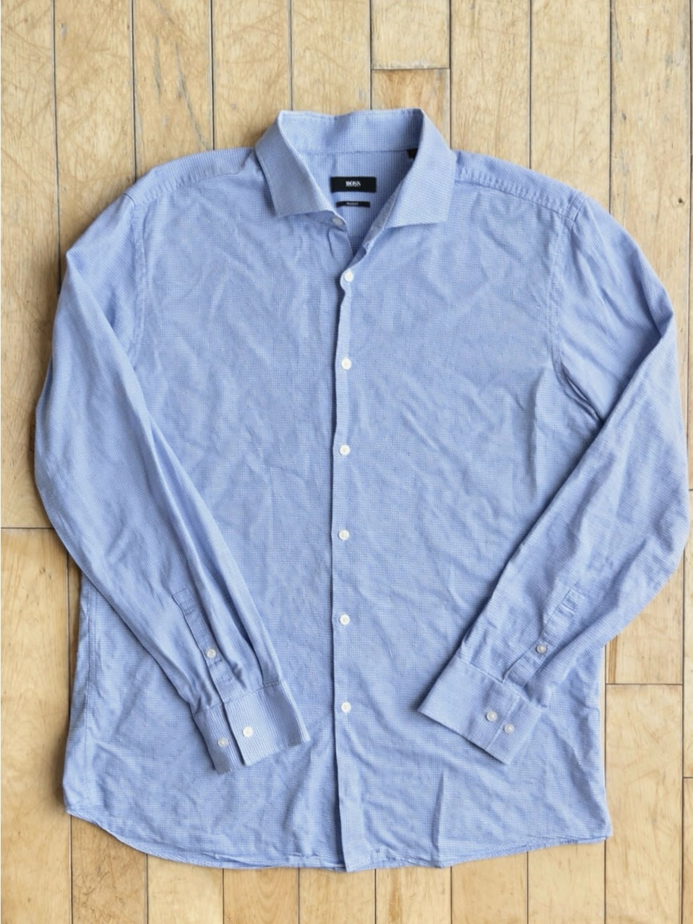 BOSS Hugo Boss Tailored Slim‑Fit Micro‑Check Button Down Blue Shirt Size 17.5